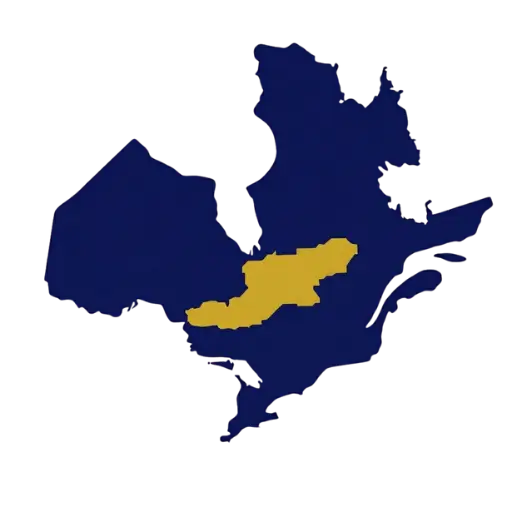 Simple icon of Ontario and Quebec, Canada in dark blue highlighting the Abitibi Gold Belt in gold
