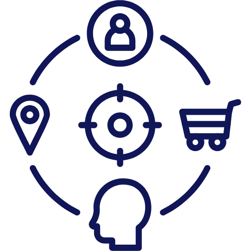 Simple dark blue icon of person, mining cart, location, and target in circular pattern