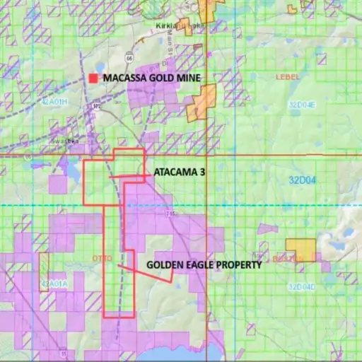 Geographical map showing mining claims within Atacama Resources' Golden Eagle property near Macassa Mine