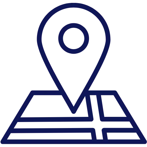 Simple icon of pinpoint atop of map in dark blue