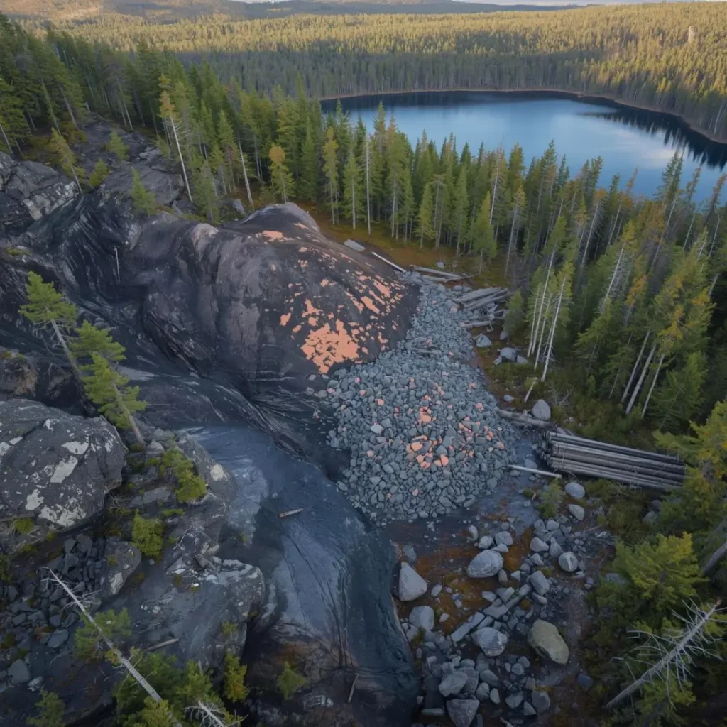 Rugged terrain in Canadian Shield, featuring jagged ridges of dark, weathered Nipissing diabase rock and grey granite outcrops with small clearing