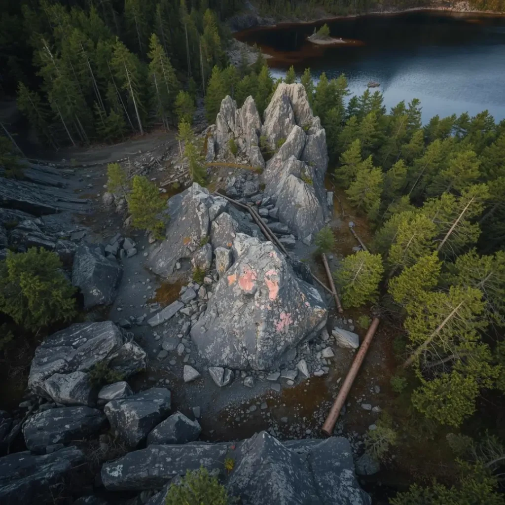 Small clearing among a dense forest of pine and birch with large piles of waste rock, where patches of peach-pink rock are visible