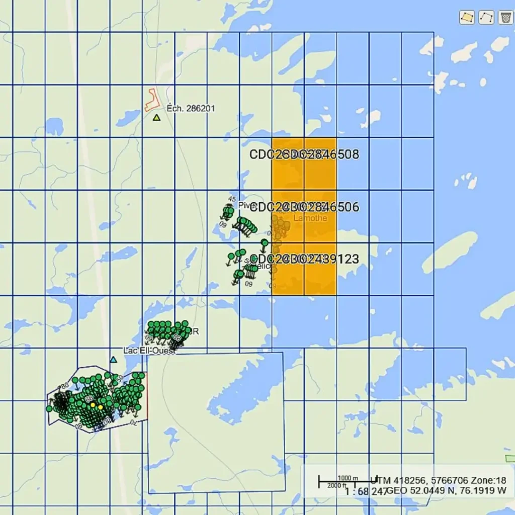 Property claims map in grid pattern with Lamothe Lithium and rare earths property highlighted in orange