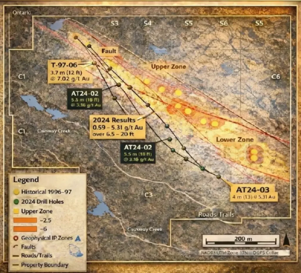 Geological map of Tannahill Gold Property, owned by Atacama Resources International, detailing fault-lines and drill-locations.