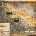 Geological map of Tannahill Gold Property, owned by Atacama Resources International, detailing fault-lines and drill-locations.
