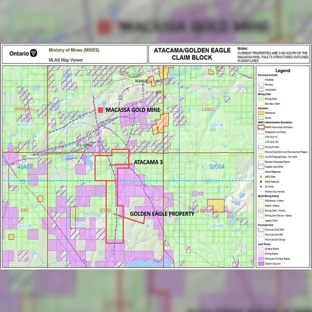 Claims map showing Agnico-Eagle's Macassa Mine and nearby Atacama #3 and Golden Eagle properties owned by Atacama Resources International