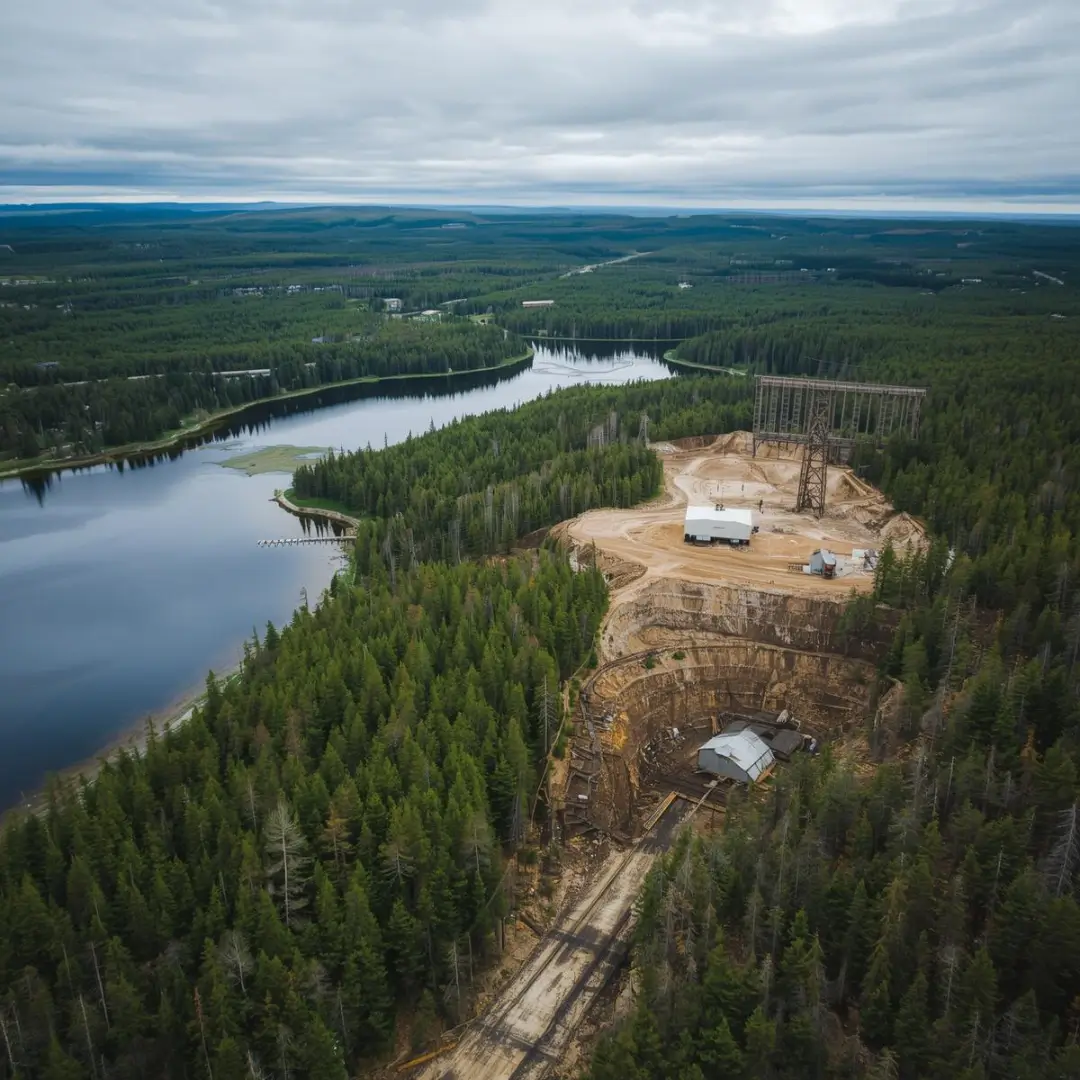 Eastern Canadian landscape of forest, river, and an early-stage mining operation under cloudy skies