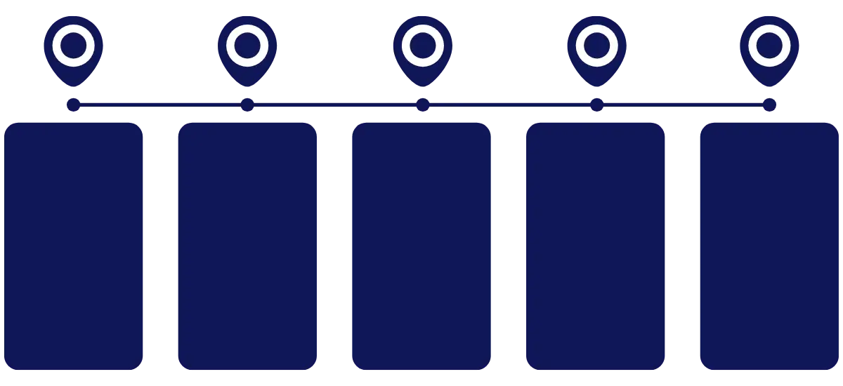 Simple navy blue timeline icon showing vertical columns with markers atop and horizontal line showing progression