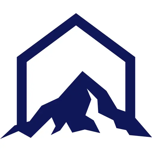 Simple navy blue icon of mountain at base at tall location-marker rising from it