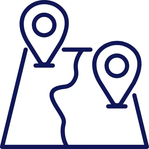 Simple icon of two map-markers atop divided map in navy blue