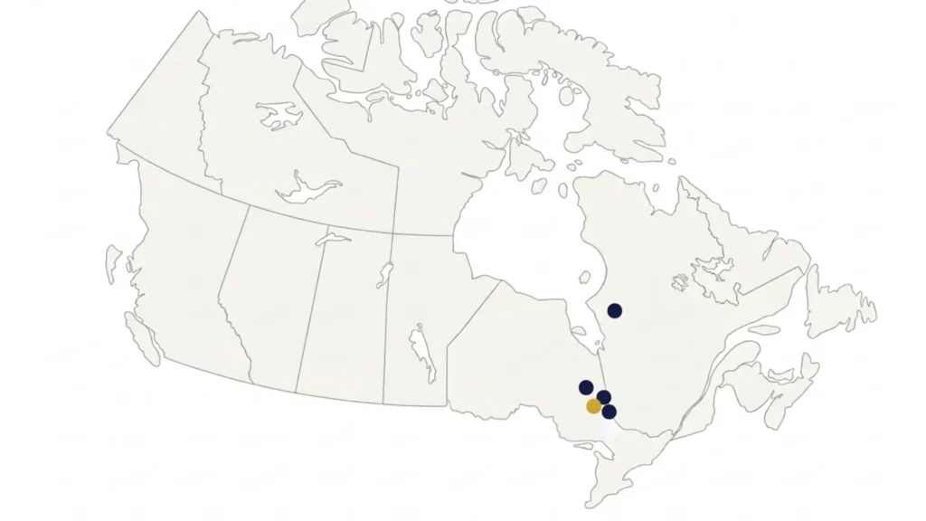 Opaque and no-detailed map of Canada, its provinces, and location points in Ontario of dark blue and gold