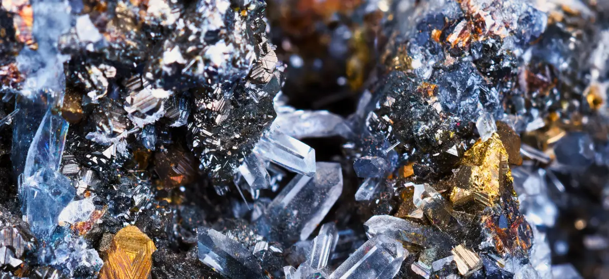Mineral specimen, rock crystal quartz and alena with iridescent golden yellow pyrite crystals