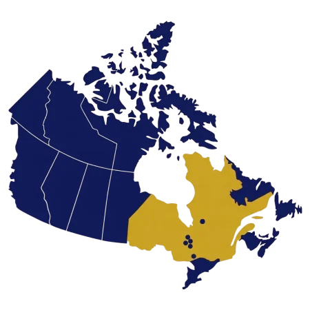 Simple map of Canada in dark blue and golden-yellow with several location points throughout Ontario and Quebec